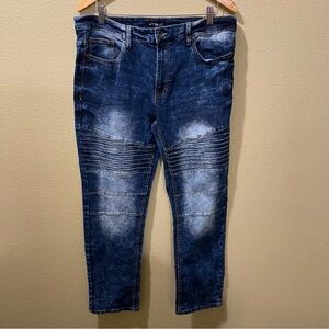 Men’s 36/30 WT02 Acid Wash Faded Distressed Blue White Moto Jeans
